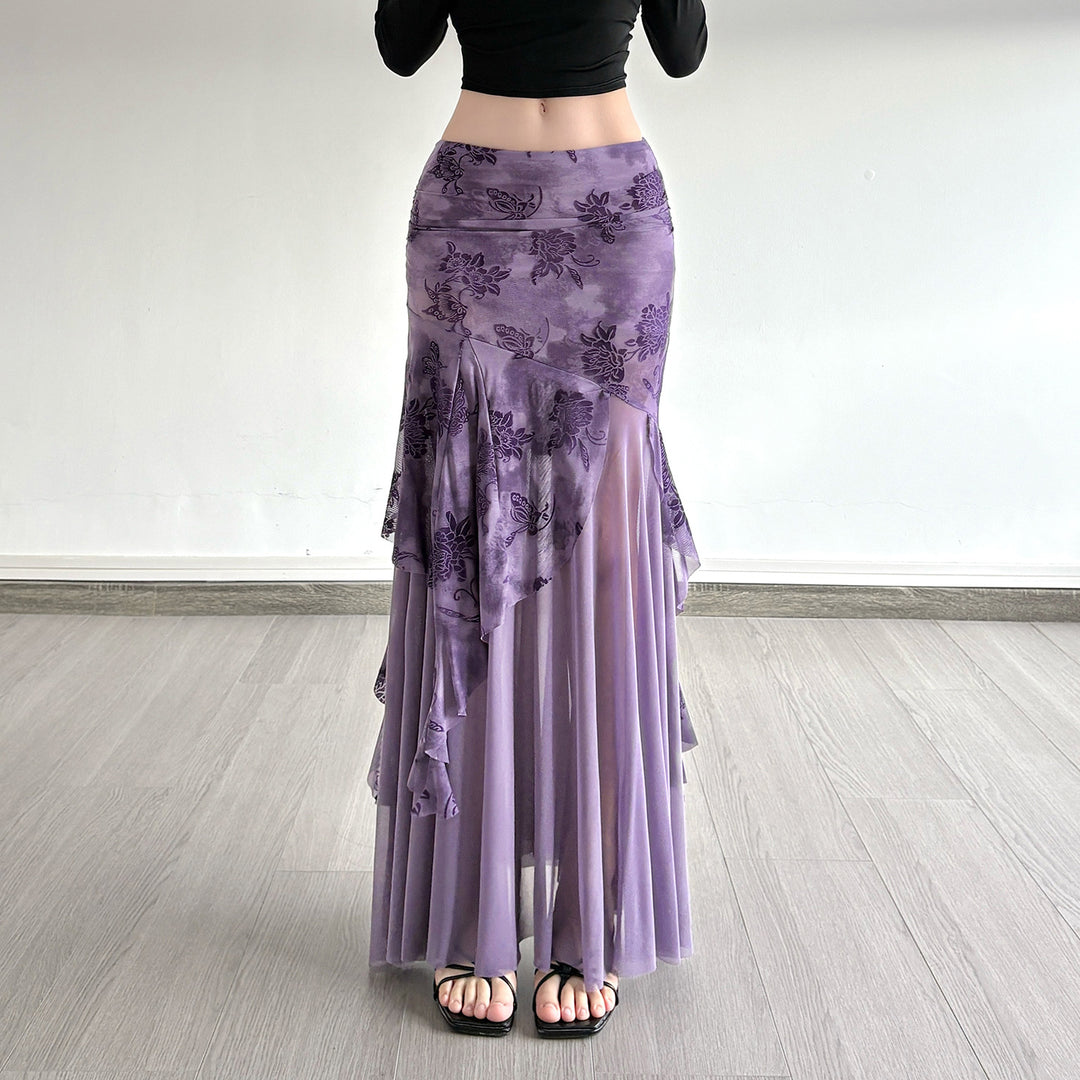 Damen Maxi-Rock mit floralem Design und asymmetrischem Schnitt R&B