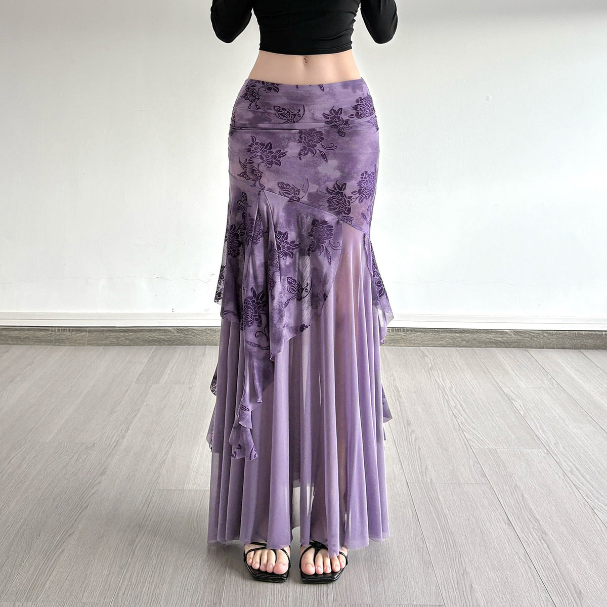 Damen Maxi-Rock mit floralem Design und asymmetrischem Schnitt R&B