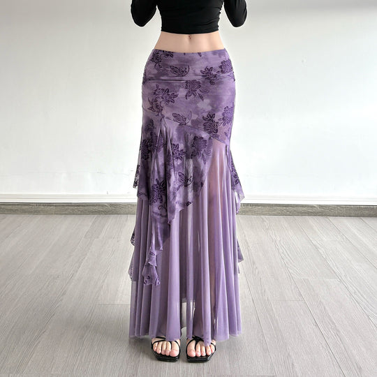 Damen asymmetrischer Maxirock mit floralen Details und transparenten Schichten R&B