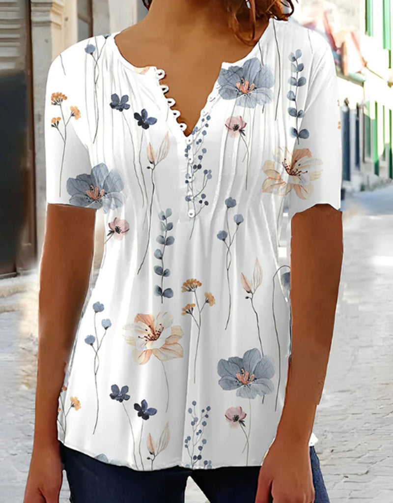 Damen nan leichte Viskose-Tunika mit Ziersteckfalten, halber Knopfleiste und Aquarellblumenprint R&B