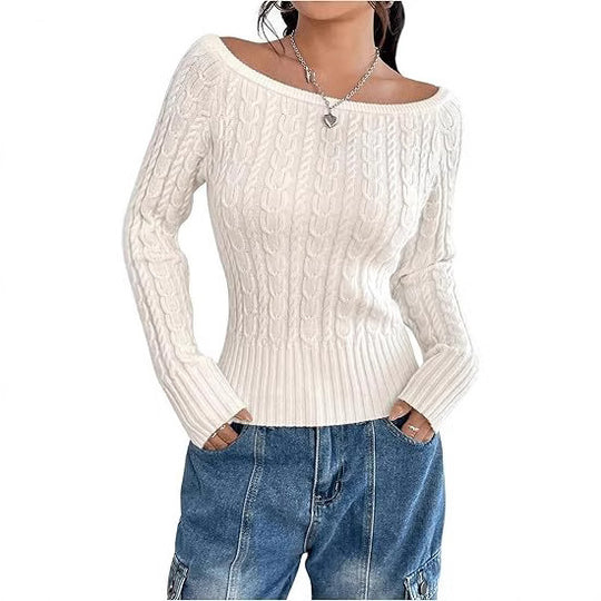 Damen Strickpullover mit elegantem Zopfmuster und italienischem Rundhalsausschnitt R&B