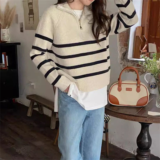 Damen Modischer Strickpullover mit Zip und gestreiftem Design R&B