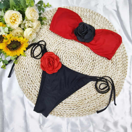 Damen Bikini mit floralem Detail und elastischen Trägern R&B