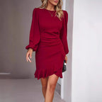 Damen elegantes Wickelkleid mit Rüschen und Puffärmeln R&B
