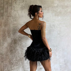 Damen Sexy Samtkleid mit Federn
