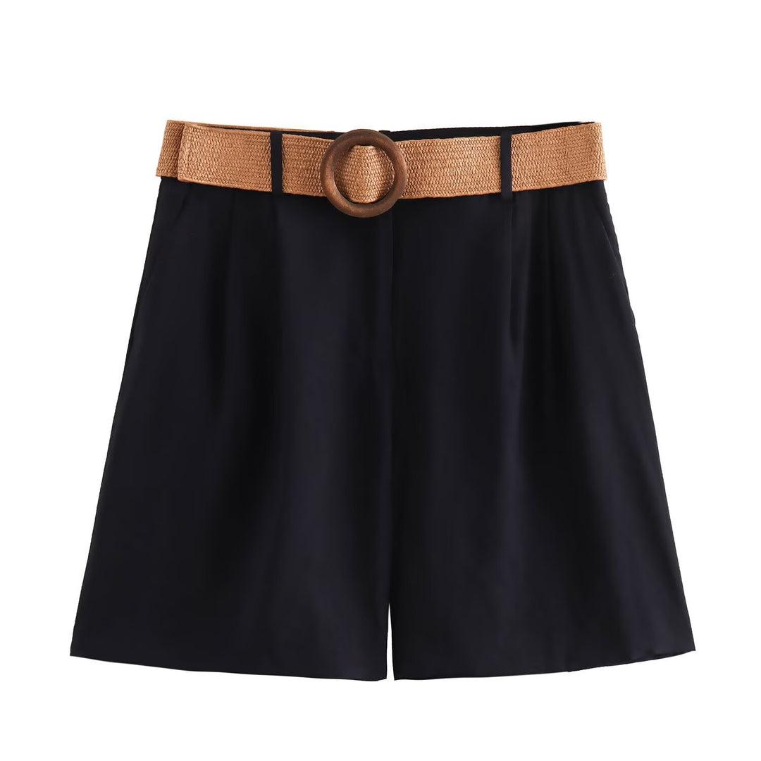 Damen elegante Shorts mit breitem, geflochtenem Gürtel R&B