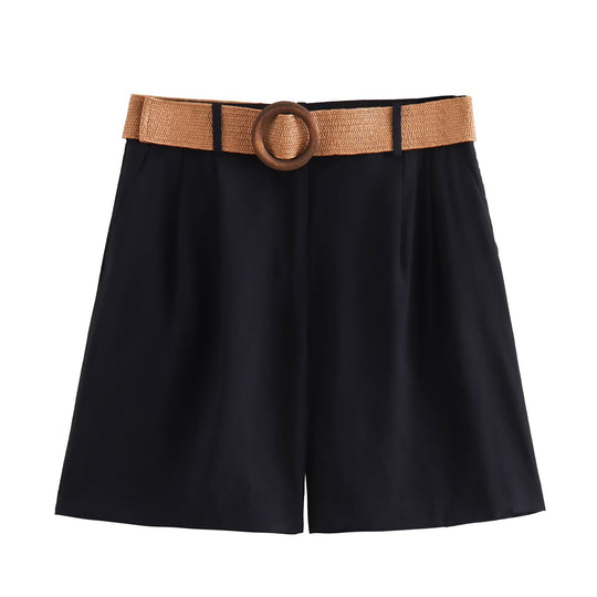 Damen elegante Shorts mit breitem, geflochtenem Gürtel R&B