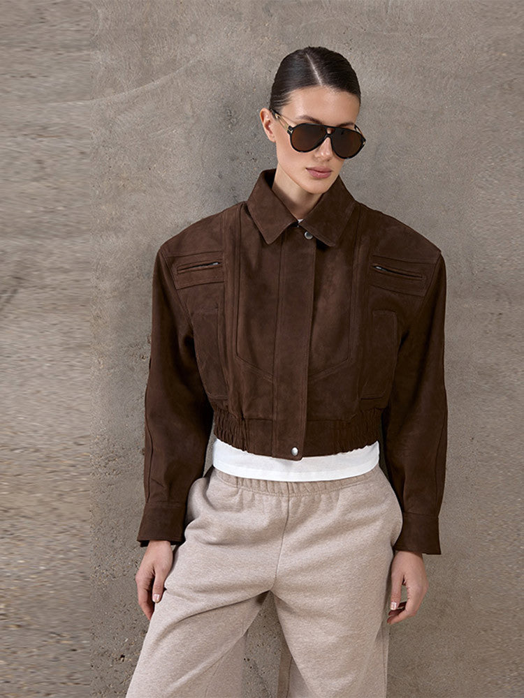 Damen Modische Wildlederjacke im cropped Stil mit praktischen Taschen R&B