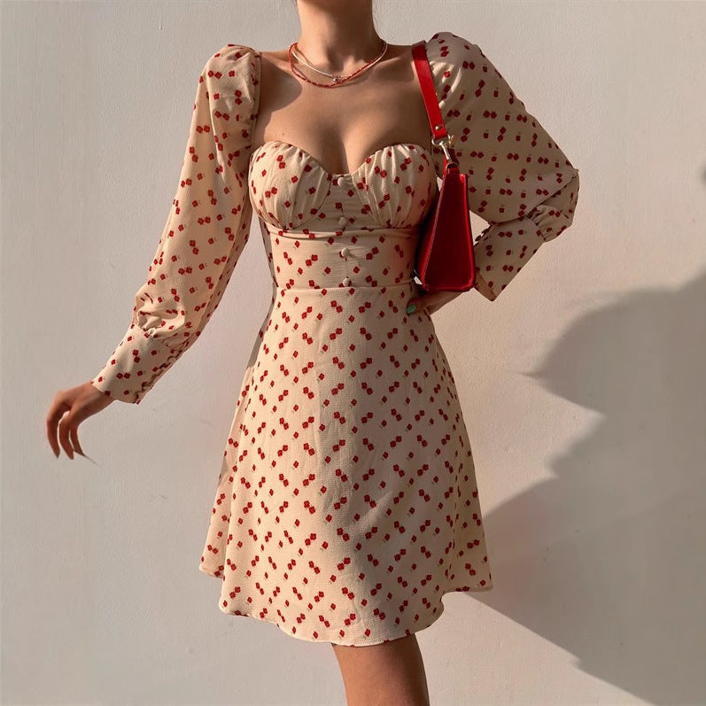 Damen Puffärmel Kleid mit romantischem Blumenmuster und herzförmigem Ausschnitt R&B