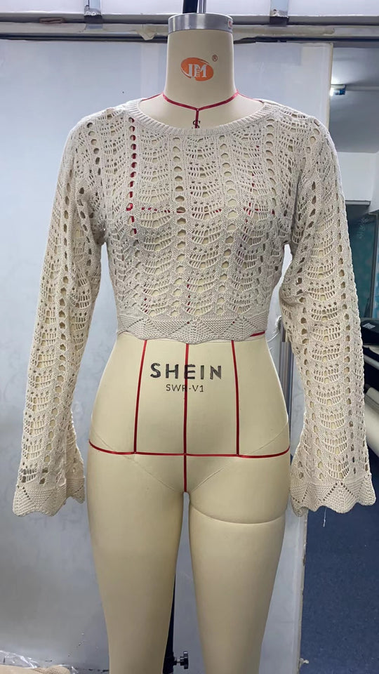 Damen gehäkeltes Crop-Top mit weitem Ärmel und lockerer Passform R&B
