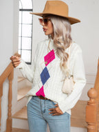 Damen Strickpullover mit modernem Rautenmuster und Zopfmuster R&B
