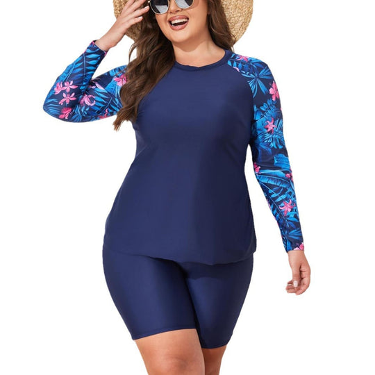 Damen UV-Schutz Surfanzug Set mit langen Ärmeln und farbenfrohem Blattmuster R&B