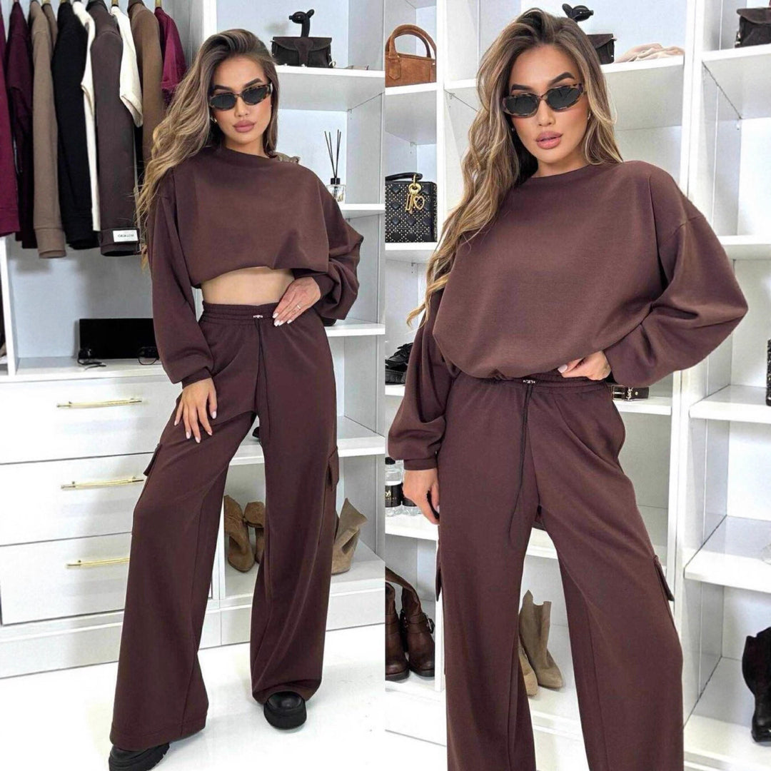 Damen lässiges Cargo-Loungewear-Set mit cropped Oberteil und weitem Bein R&B