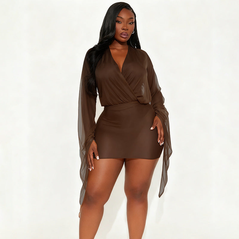 Damen Wickelkleid mit transparenten Ärmeln R&B