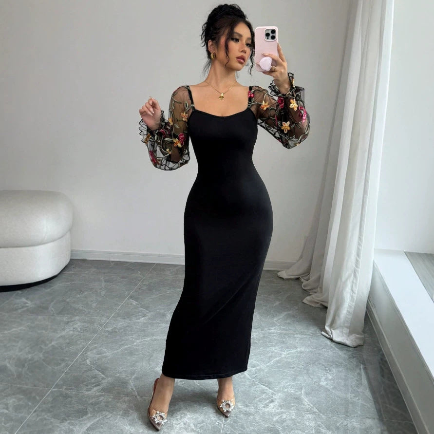 Damen Elegantes Maxikleid mit floralen Spitzenärmeln und figurbetontem Schnitt R&B