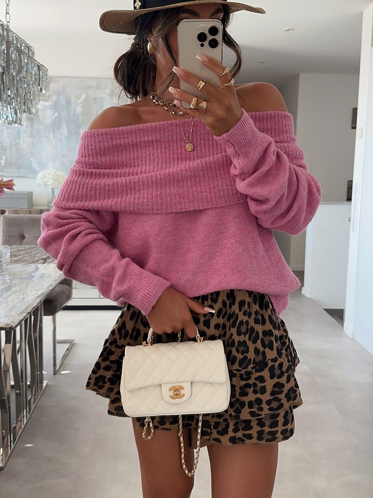 Damen lässiger Off-Shoulder Pullover mit Rippenstruktur R&B