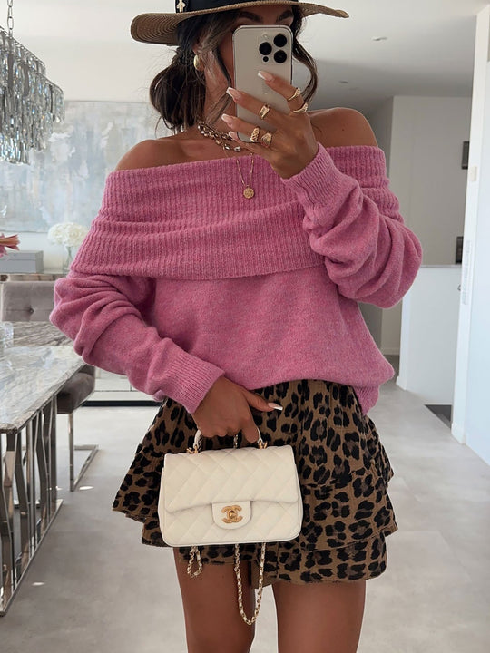 Damen lässiger Off-Shoulder Pullover mit Rippenstruktur R&B