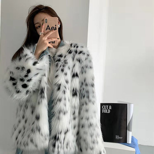 Damen Trendige Kunstfelljacke mit auffälligem Muster und voluminösem Schnitt R&B
