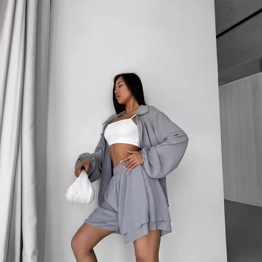 Damen Entspanntes Shorts-Set mit Oversized Hemd R&B