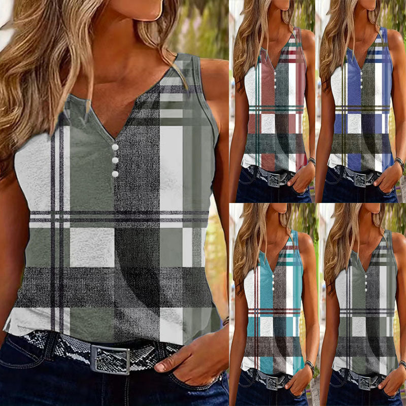 Damen ärmelloses V-Neck Top mit dekorativem Knopfdetail und modernem Karomuster R&B