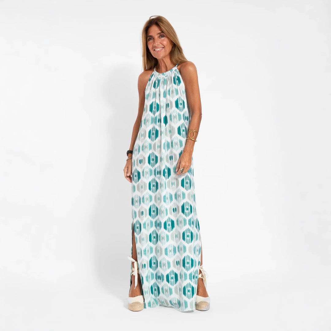 Damen Langes Leinenkleid mit schulterfreier Trägerkonstruktion und flirtendem Schlitz R&B