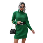 Damen Strickkleid mit hohem Kragen und elastischem Gürtel R&B