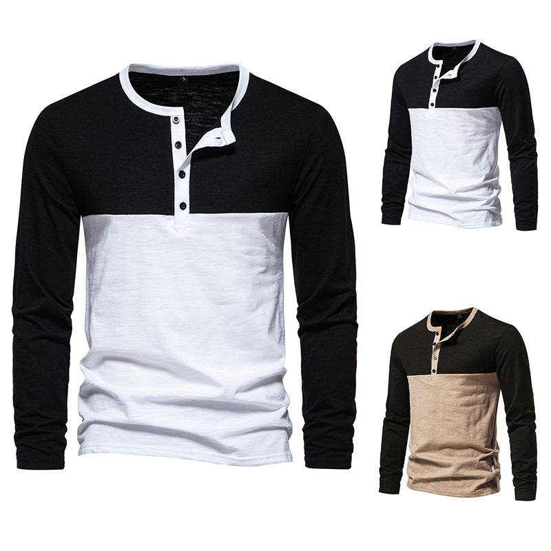 Herren Langarm-Henley-Shirt mit kontrastierenden Ärmeln und stilvollem Knopfdesign
