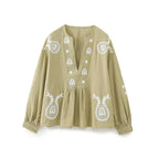 Damen nan bestickte Tunika-Bluse mit Paisley-Stickereien, V-Ausschnitt und voluminösen Ballonärmeln R&B