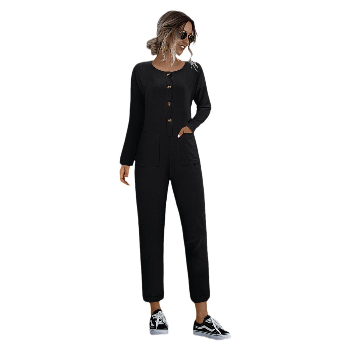 Damen lässiger Jumpsuit mit praktischen Taschen und elegantem Knopfdesign R&B