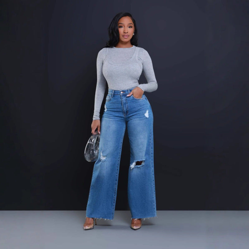 Damen Weit geschnittene Jeans mit stylishen Distressed-Details R&B