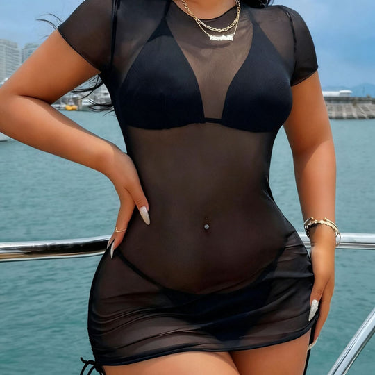 Damen Strandkleid mit transparentem Oberteil und verstellbarem Kordelzug R&B