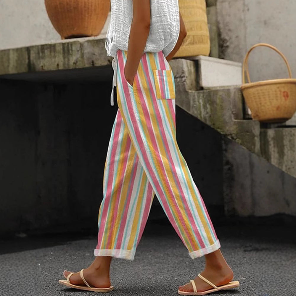 Damen Weite Leinenhose mit handgewtem Muster