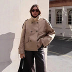 Damen modische Doppelreiher-Jacke mit hohem Kragen und strukturiertem Design R&B