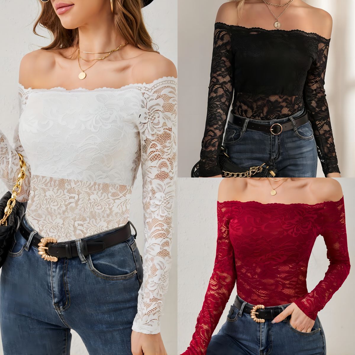 Damen Off-Shoulder Spitze Bodybluse R&B