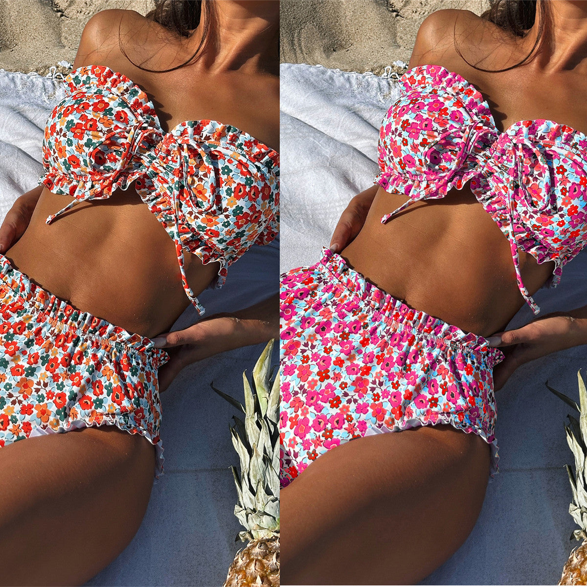 Damen Bandeau-Bikini-Set mit verspieltem Rüschendesign