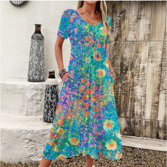 Damen Maxi-Kleid mit floralem Design und praktischen Taschen R&B
