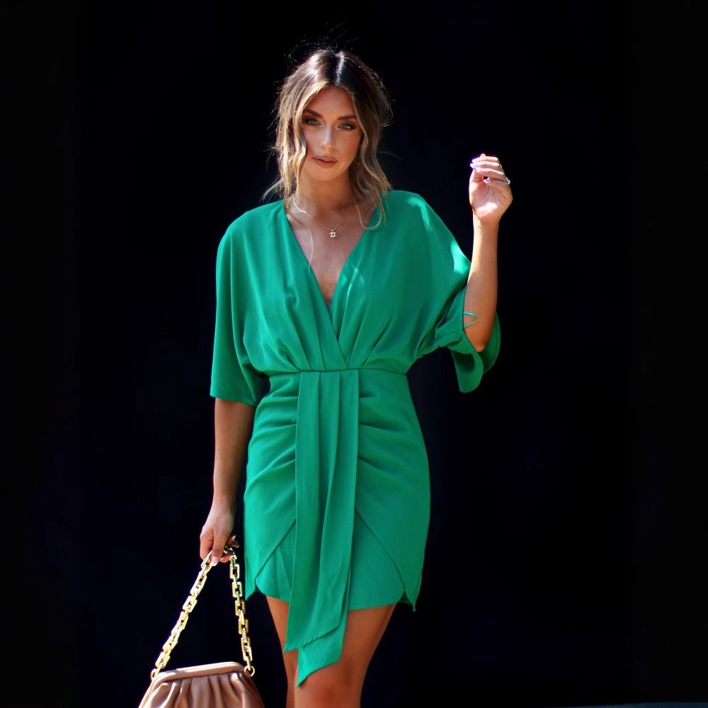 Damen elegantes Wickelkleid mit tiefem V-Ausschnitt und voluminösen Ärmeln R&B