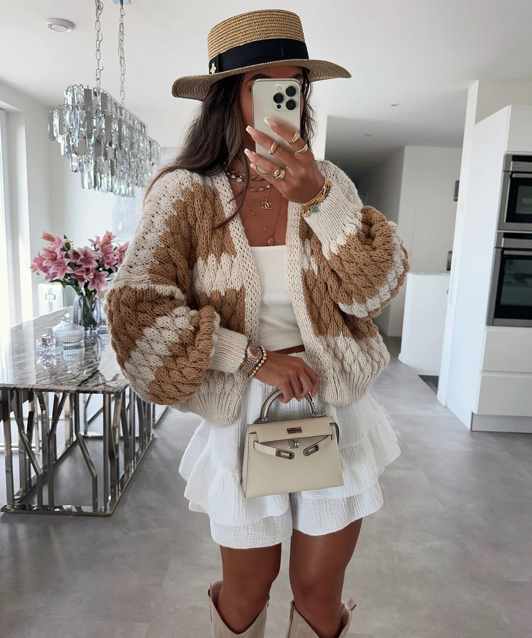 Damen Grobstrickjacke mit grafischem Muster und voluminösen Ärmeln R&B