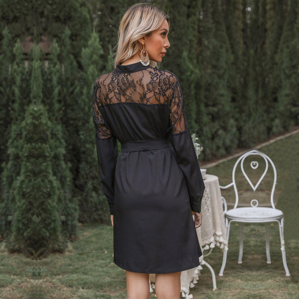 Damen Elegantes Hemdblusenkleid mit Spitzenärmeln und taillierbarem Gürtel R&B