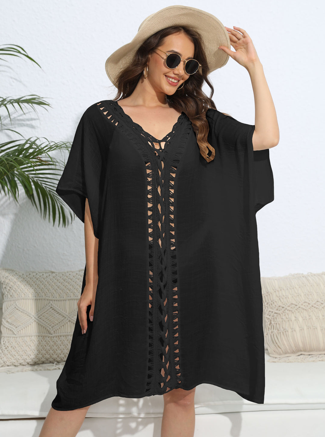 Damen luftiger Kaftan mit filigranem Häkelmuster R&B