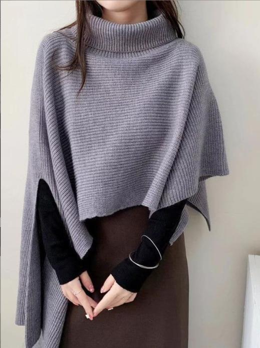 Damen Strickponcho mit hohem Kragen und asymmetrischem Schnitt R&B