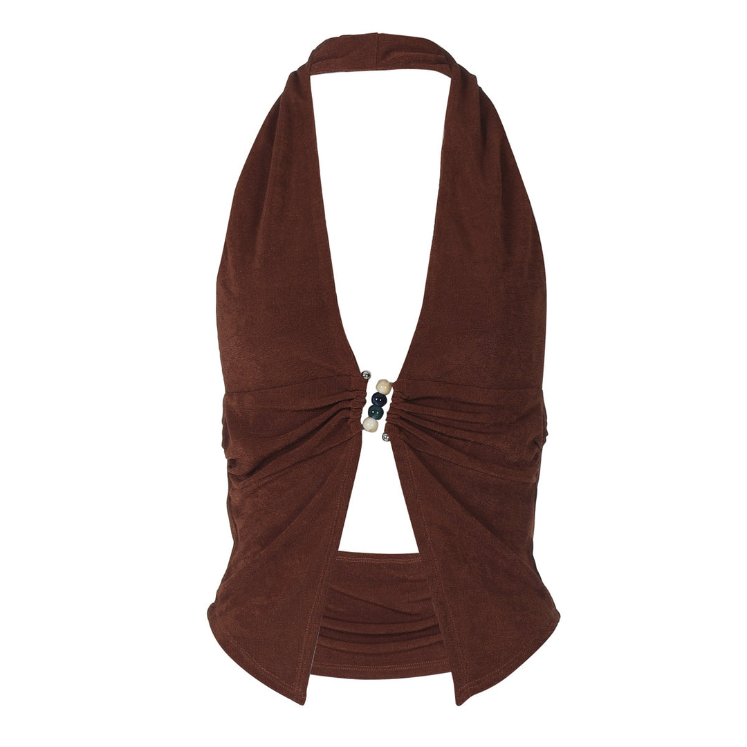 Damen Haltertop mit eleganter Raffung und dekorativen Perlen R&B