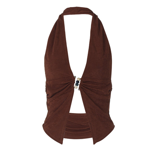 Damen Haltertop mit eleganter Raffung und dekorativen Perlen R&B