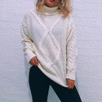 Damen Grobstrickpullover mit modischem Zopfmuster und hohem Kragen R&B