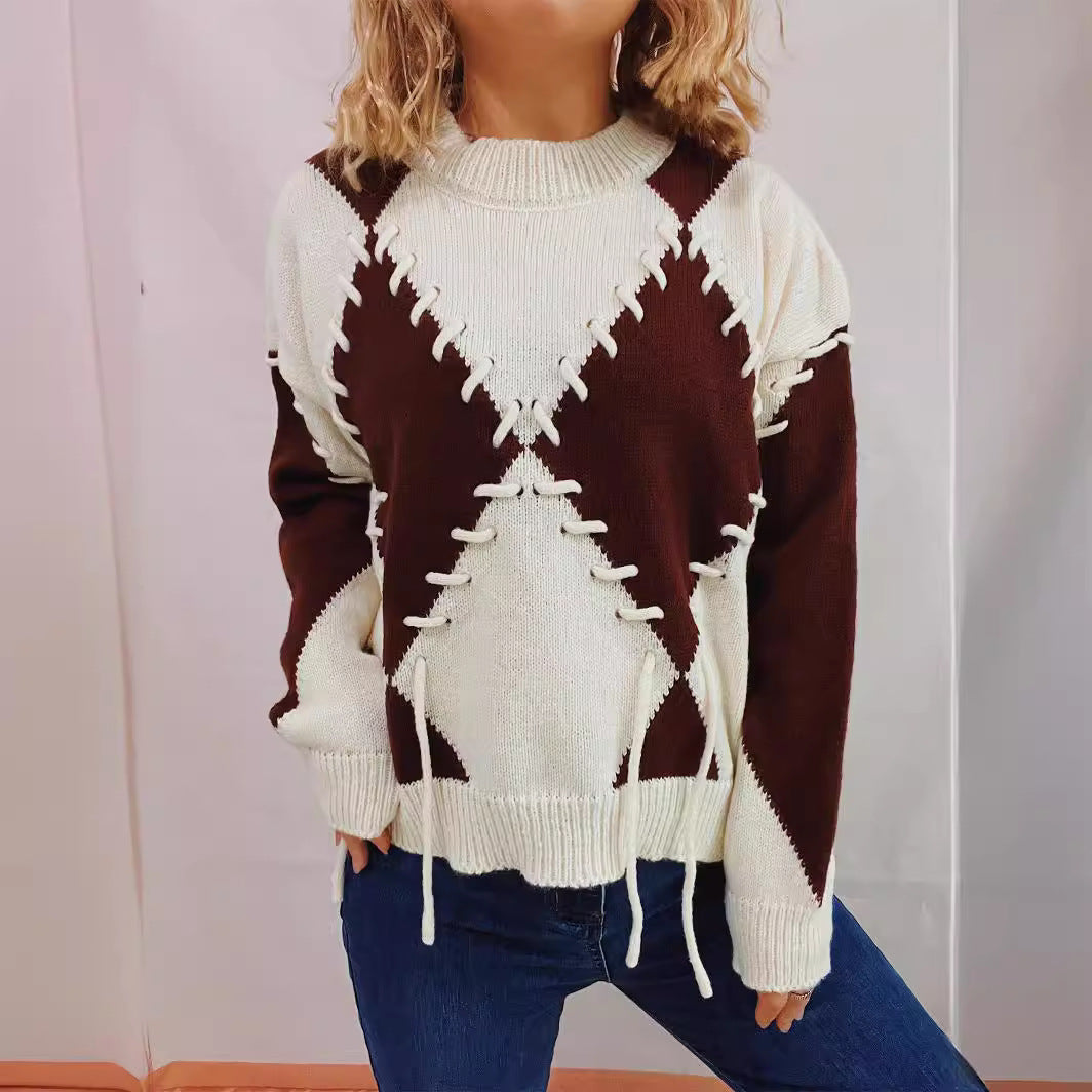 Damen gemütlicher Strickpullover mit auffälligem Design und modernen Schnürdetails R&B