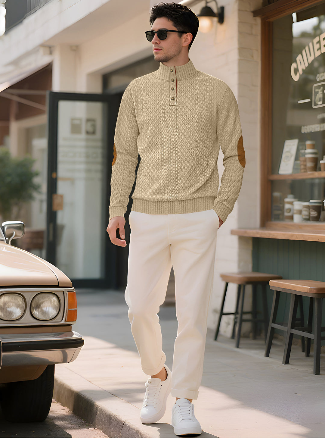 Herren nan edler Knopfsweater im Zopfmuster mit hohem Stehkragen und Wildleder-Ellenbogenpatches R&B