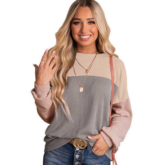 Damen lässiger Pullover mit Rippstruktur und Farbblöcken R&B