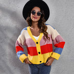 Damen Modische Strickjacke mit buntem Streifenmuster und Button-Details R&B