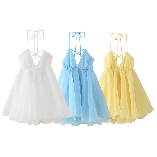 Damen Sommerliches Chiffonkleid mit verstellbaren Trägern und voluminösem Rock R&B