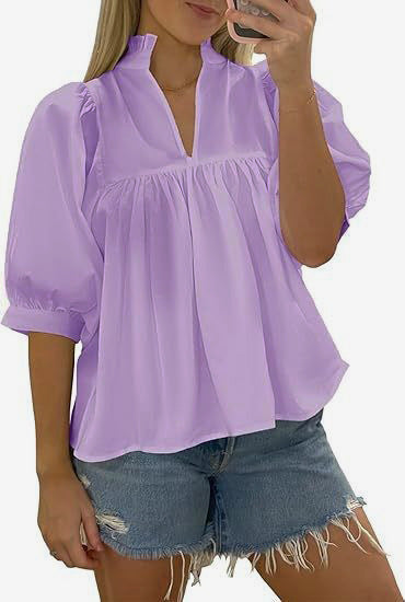 Damen elegante kurzärmlige Bluse mit Rüschendetails und lässigem Schnitt R&B